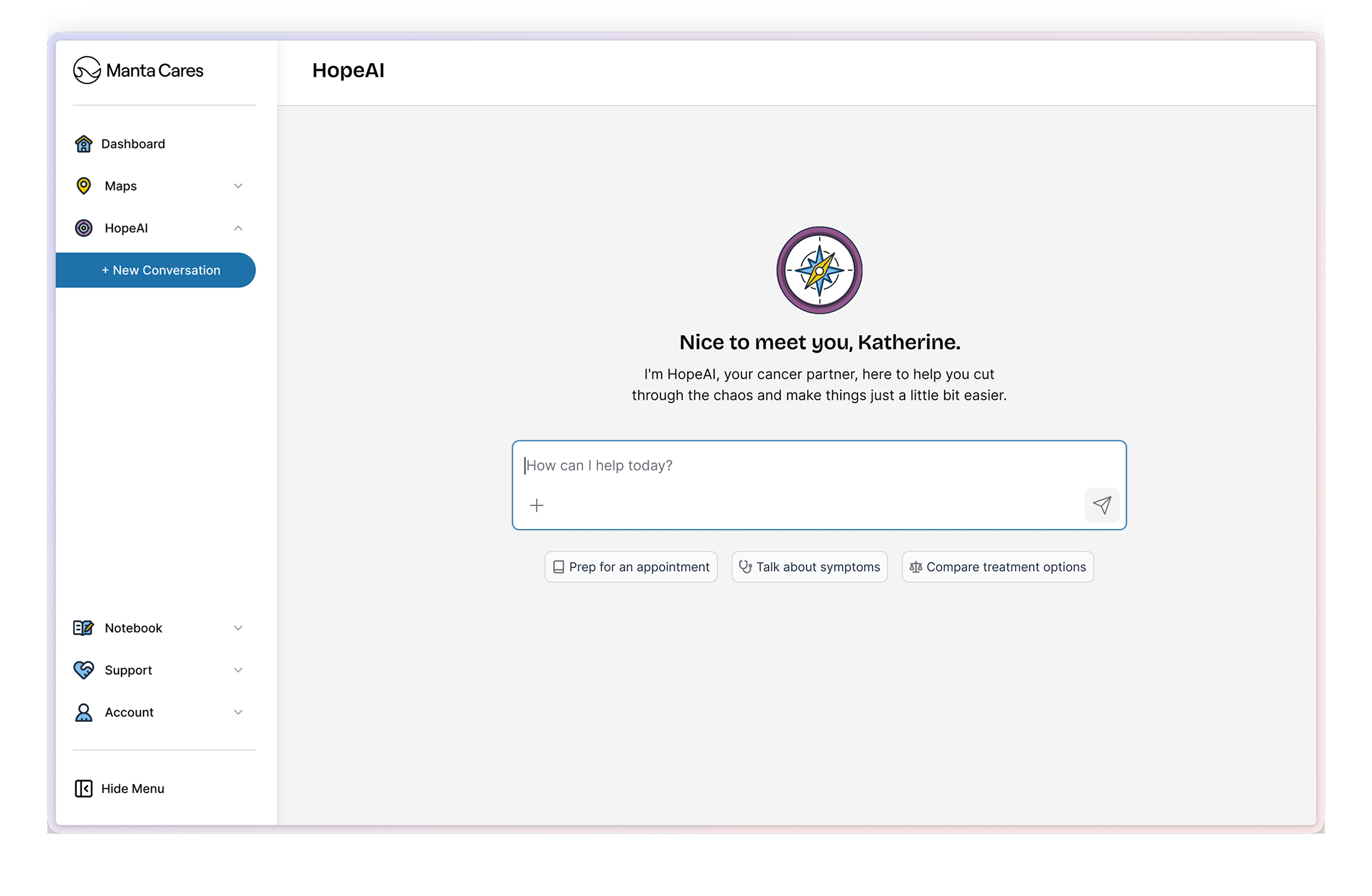 The HopeAI zero state, welcoming a patient with a compass mark, a message input, and starter prompts like "Prep for an appointment" and "Talk about symptoms"