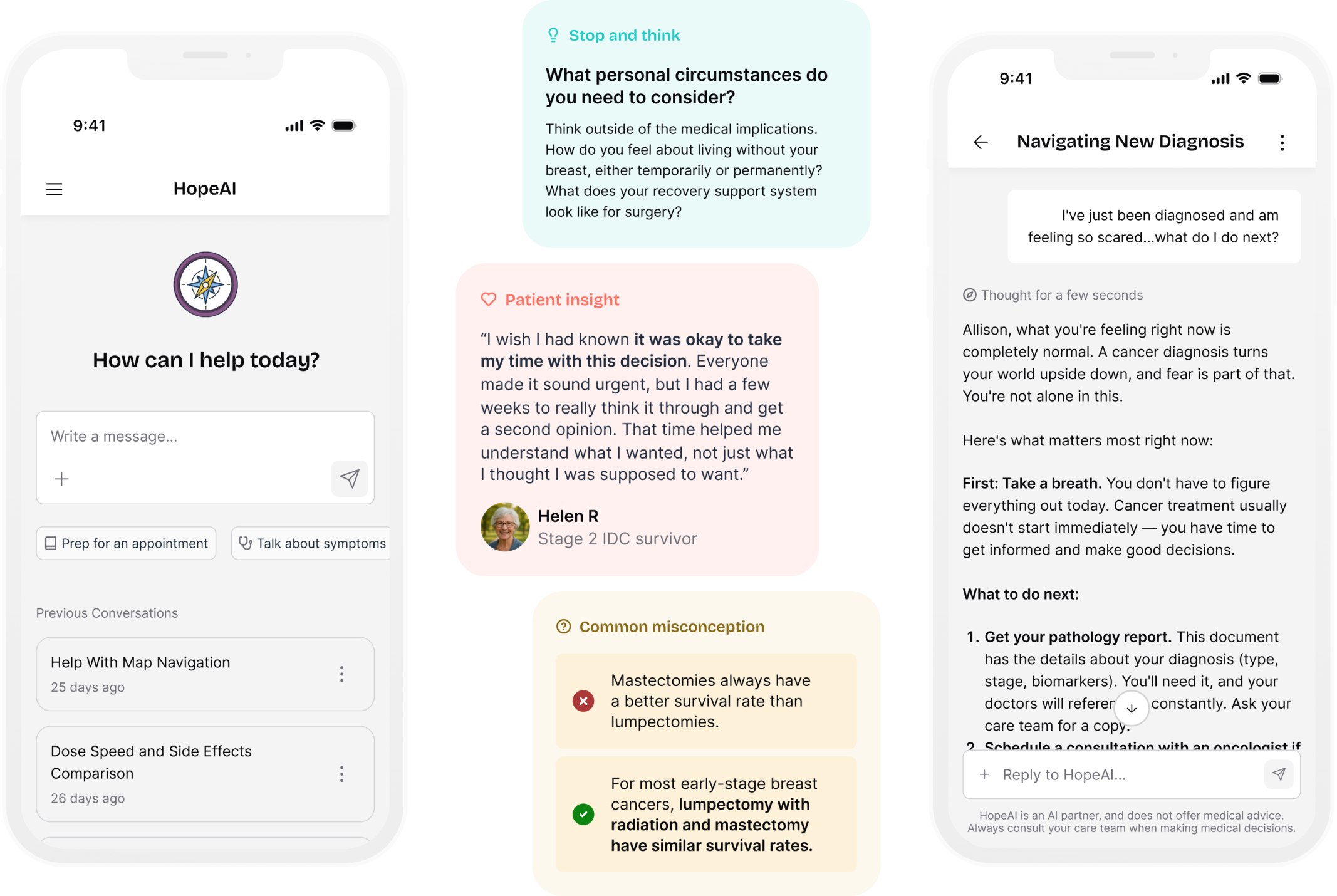 Three screens of the HopeAI chat experience: the zero state asking "How can I help today?", a conversation about a new diagnosis with a patient-insight quote from a fellow survivor, and that same conversation saving suggested questions as a note titled "Diagnosis Questions"