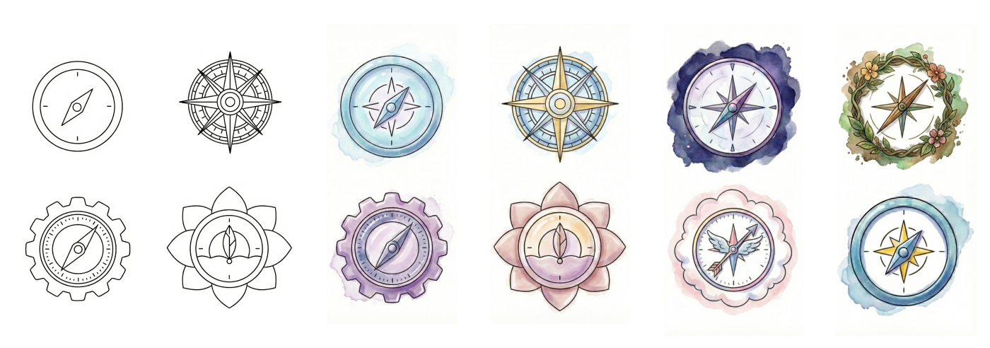 A grid of twelve compass icon explorations, ranging from simple line marks to watercolor illustrations in gears, flowers, wings, and wreaths
