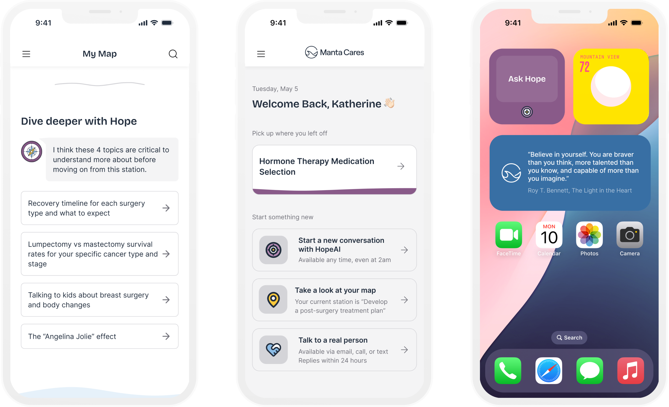Three widget surfaces: a "Dive deeper with Hope" module embedded on a Map station, a Manta Cares dashboard offering to start a new HopeAI conversation, and an "Ask Hope" iOS home screen widget