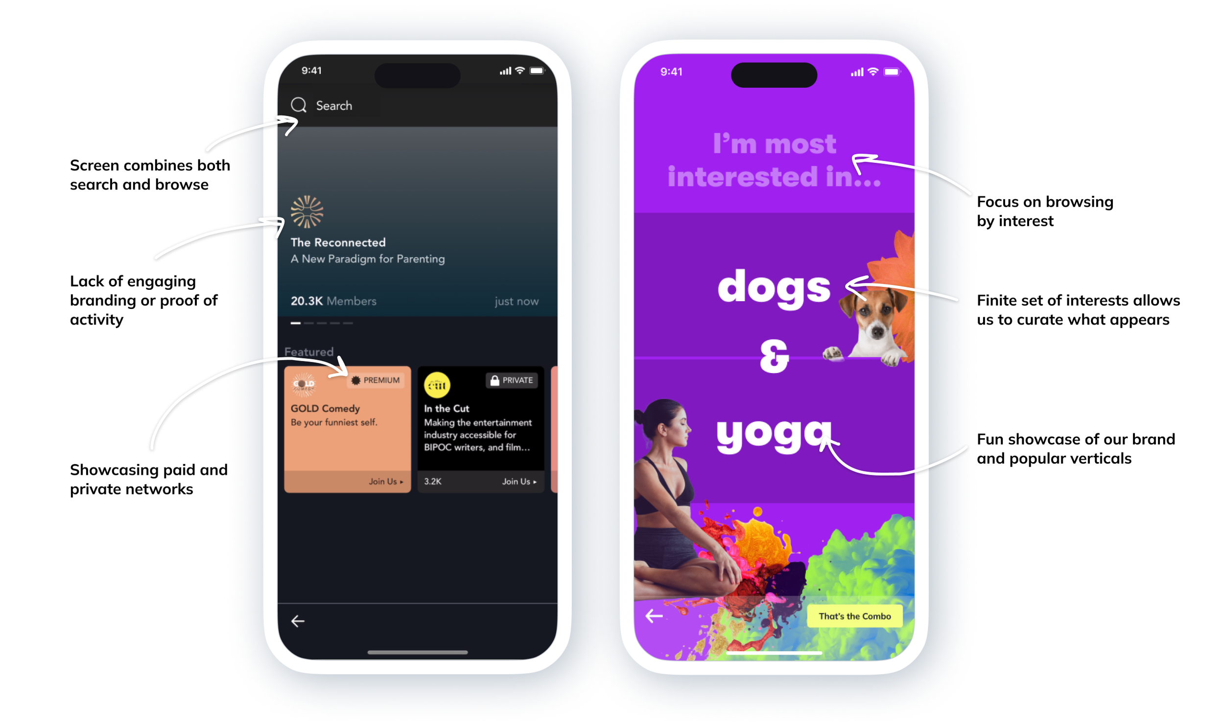 The original vs updated browsing experience in the Mighty Networks App